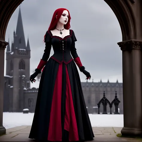 "(Fantasy Elegant female vampire:1.3) with fiery red hair, (piercing red eyes:1.1). Adorned in a Gothic dress, (standing in front of:1.2) a majestic Gothic castle:1.2."