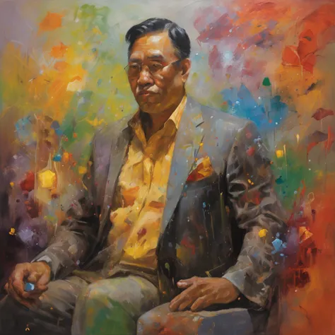 A detailed painting depicting a handsome, mature Asian man in a suit surrounded by a flurry of glowing Magic The Gathering cards and the book Dungeons and Dragons in the center.