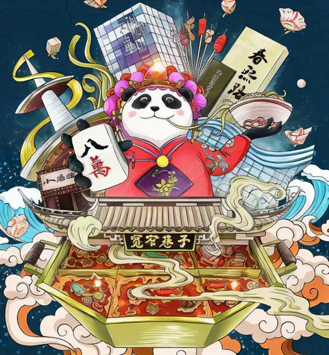 The Allafard Panda has a hot pot on board,, hentail realism, Giant pandas on promotional posters, Giant panda holding mahjong in hand, Official artwork, high detailed official artwork, Traditional Chinese concept art,  Chinese-style illustration, dreamland...