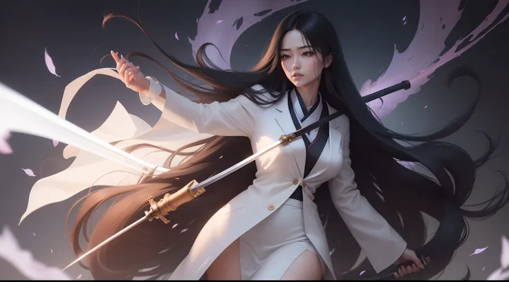 Beautiful woman in doctors lab coat、30-year-old woman with、Long Black Hair、bangss、Hair fluttering in the wind、Female doctor with a Japan sword、Beautiful female doctor with Japan sword、Beautiful Japan female swordsman、8K high-resolution photos、fullbody imag...