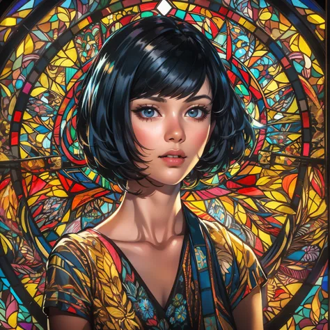 Stained glass style art of full body portrait of beautiful girl with black hair bob cut in costume with deep slit、colourfull、Photorealsitic、highcontrast、Highly detailed background，Realistic，ultra-detailliert，super detailed skin，light glow，Film grain，Expro ...