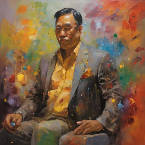 A detailed painting depicting a handsome, mature Asian man in a suit surrounded by a flurry of glowing Magic The Gathering cards and the book Dungeons and Dragons in the center.