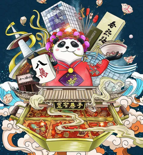 The Allafard Panda has a hot pot on board,, hentail realism, Giant pandas on promotional posters, Giant panda holding mahjong in hand, Official artwork, high detailed official artwork, Traditional Chinese concept art,  Chinese-style illustration, dreamland...