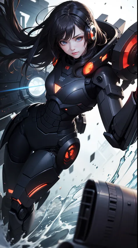 (close up on the girl:1.5),（Game of Armer core：1.8），1 woman stands in front of a huge mecha, 1 woman (exquisite face, watery big eyes, heroic spirit, science fiction, leather clothing, warriors, complex clothing, bright colors), mecha, machinery, war, futu...