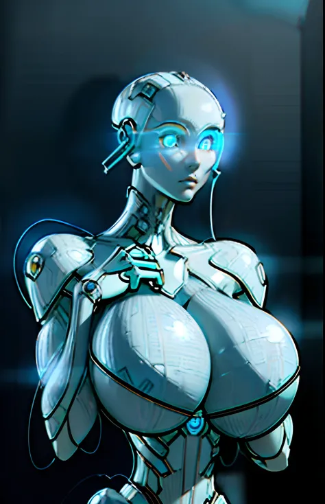 complex 3d render ultra detailed of a beautiful porcelain profile woman android face, cyborg, robotic parts, 150 mm, beautiful studio soft light, rim light, ((gigantic breasts:1.5)) vibrant details, luxurious cyberpunk, lace, ((glowing blue eyes:1.7)), hyp...