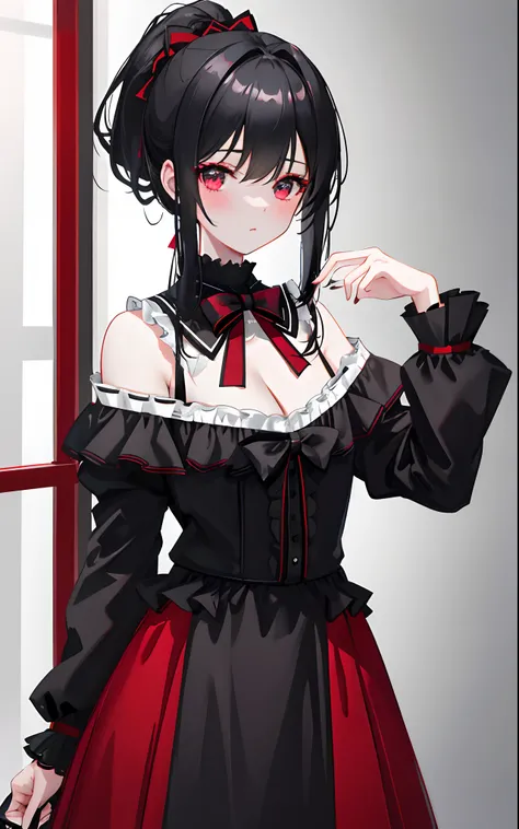 Black double ponytail，slenderness，19-year-old girl，Wearing red Lolita，photorealestic，photograph realistic，best qualtiy，tmasterpiece，Extremely refined and beautiful，extremely detaile，CG，8K，Amazing Cleavage，finely detailled，tmasterpiece，Best quality at best，...