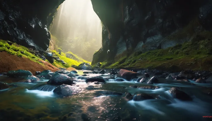 glowing river in a cave