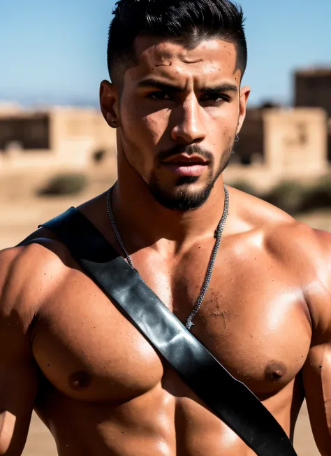 Gigachad gonzalo gubero bobadilla muscled with shakira face, Handsome roman warrior, is often seen wearing his Wide angle environmental full body shot of spartan warrior in a vibrant and dangerous war outfit, action shot, tattered torn shirt, porcelain cra...