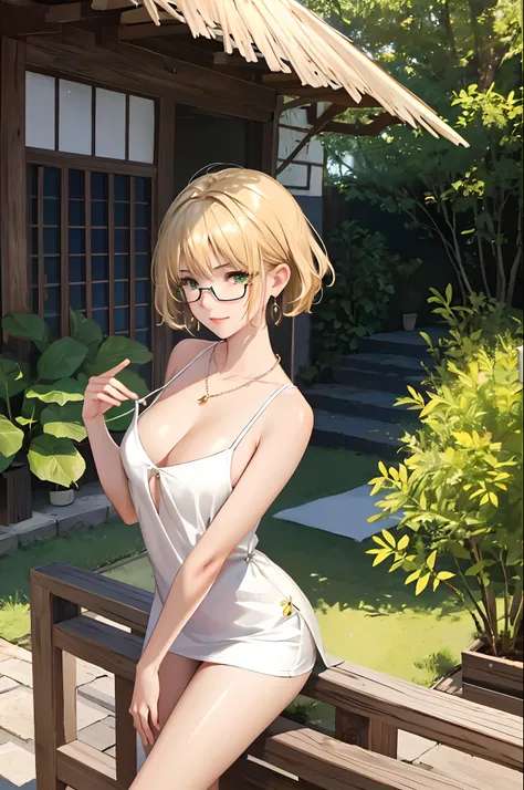 (巨作:1.2, Best Quality), 1girl, smirk, slim, slender, green eyes, sharp eyes, Small_breasts, Flat_chest, leaning forward, facing viewer, dress, Wide-brimmed hat, Basivar sandals, Oversized Sunglasses, Simple hoop earrings, Shell necklace, areola slip, down ...