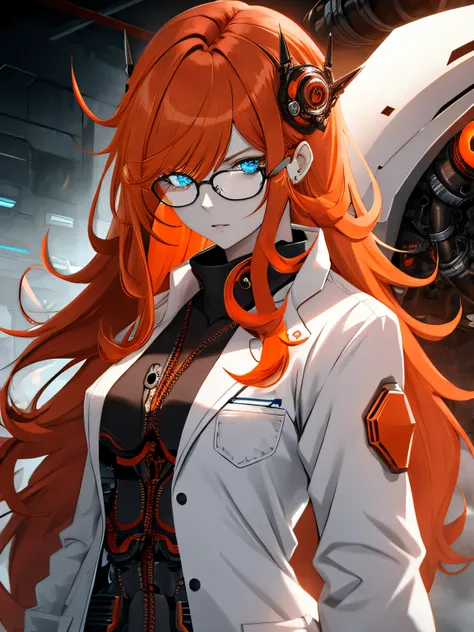 (super detailed), orange hair, glasses, blue eyes, lab coat, feminine rage, pale skin, long hair, mechanical, tentacles, evil, high quality, futuristic, detailed face