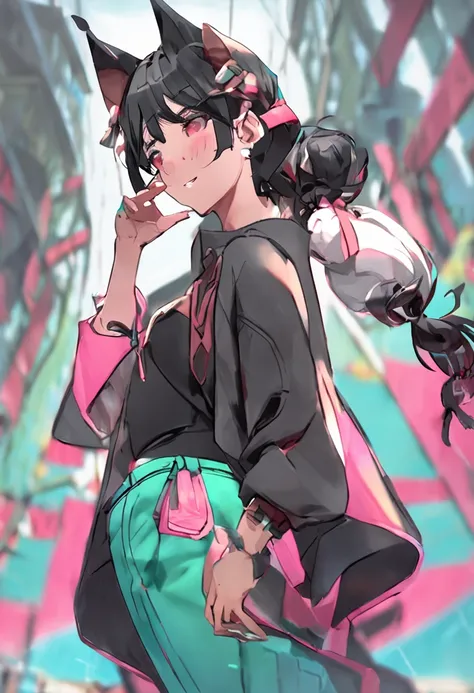 black hair, hair bobbles, wince, longeyelashes, solid circle eyes, fake animal ears, light smile, ear blush, fang, Surrealism, drop shadow, anaglyph, stereogram, tachi-e, pov, atmospheric perspective, 8k, super detail, ccurate, best quality