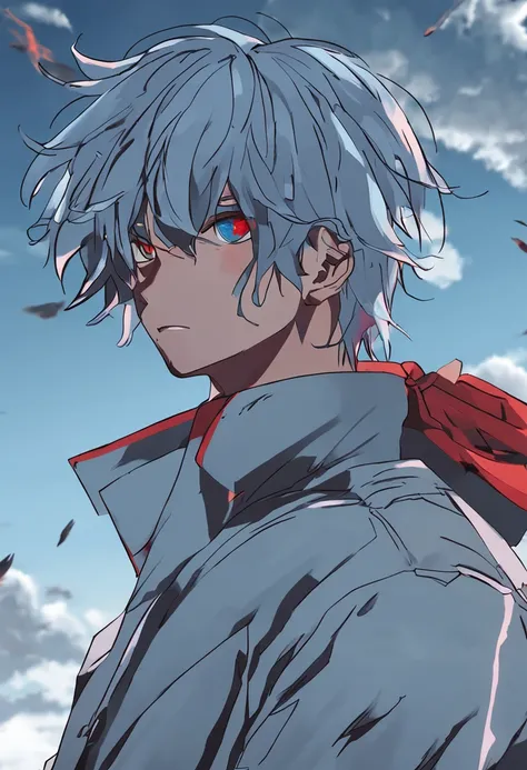 Anime boy with blue hair and red eyes standing in front of an overcast sky, anime moe artstyle, estilo anime 4K, Estilo de arte ufotable, Foto de perfil de Rimuru Tempest, Tempestade Rimuru, foto de rosto completo de Rimuru tempest, Papel de parede anime 4...