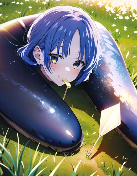 absurd res, high res, (masterpiece:1.4), ultra-detailed, 1girl, from above, space, floating, Ryo Yamada, smirk, grass, eating grass