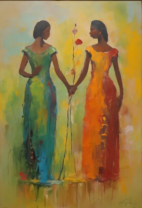 two girl standing facing each other , one girl holding bunch of flower in one hand, other hand holding dagger, hide on her back, both smiling