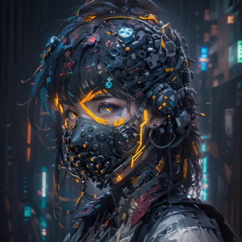 1girl, wear a cyberpunk mask, Neon mask, Detail mask, retrato do rosto, tiro de close up | |, de cima, cidade cyberpunk