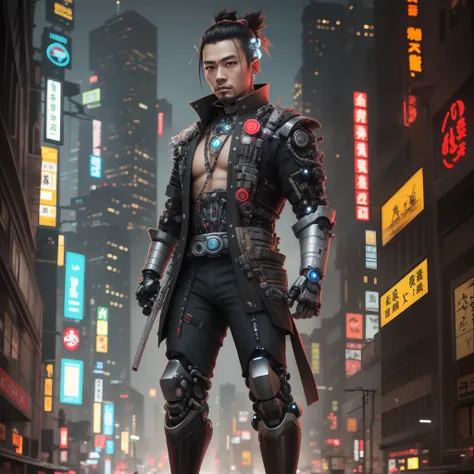 a full body up of a male cybernetic samurai, image size 1:1, cyberpunk samurai, cyberpunk angry looking cybernetic samurai, cyberpunk samurai, cyberpunk geisha, hyper-realistic cyberpunk style, portrait of a cyberpunk samurai, cyberpunk horror style, cyber...