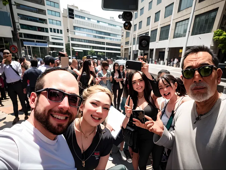 Several people are posing for a photo in a room full of white chairs, Foto realista, In Sao Paulo, Alarcon Cartunista, Fotografia tirada em 2 0 2 0, Directed by: Milton Menasco, album photo, audience selfie, divertindo-se, Directed by: Robert Combas, foto ...