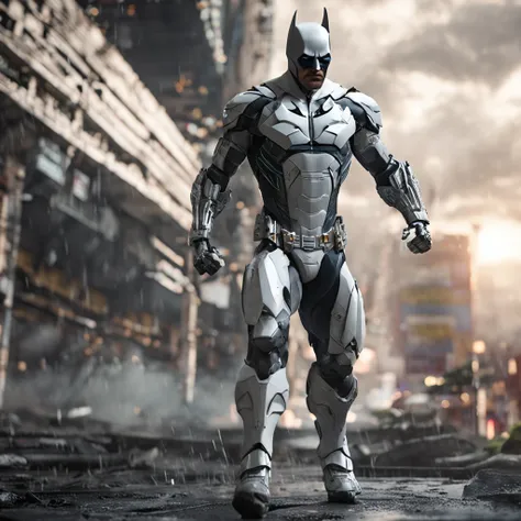 :White Batman realistic focus on an advanced cybernetic masterpiece suit, Kinematic, aerodynamic, alta qualidade ::n_desenho de estilo, Low-quality imperfection, boneco, jogo, anime