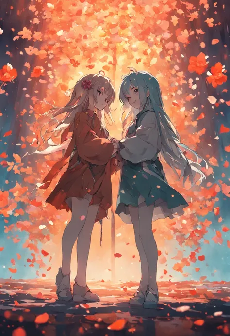 two girl standing facing each other , one girl holding bunch of flower in one hand, other hand holding dagger, hide on her back, both smiling