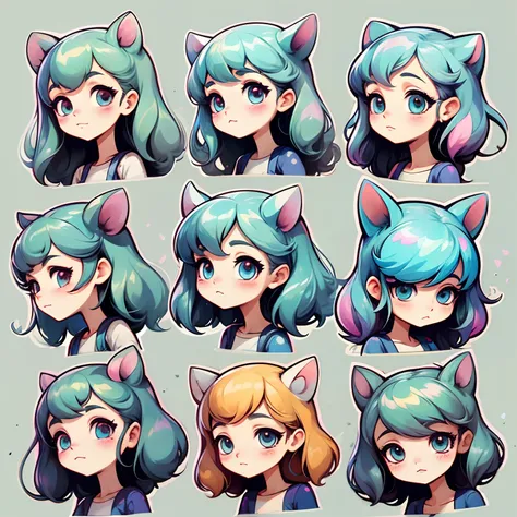 CharacterDesignSheet、the same character、gauges、across、soles)、illustratio、女の子1人、Pink and light blue、bangss、hairstyle semi long、The eye、Environmental changes、White background、Various expressions