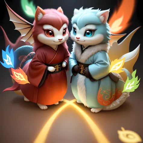 Cute hyper-realistic Chinese dragon, eyes of different colors, chibi, cute and fluffy, logo design, cartoon, movie lighting effects, charming, 3D vector art, cute and weird, fantasy art, antique character image A pair of big eyes, wearing Hanfu, full body ...