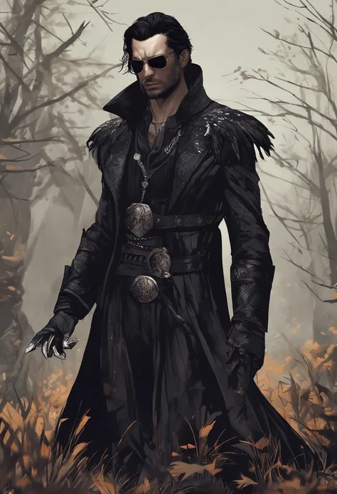 A handsome black-haired man wearing shady clothes like a murderer, he is a rogue with feathers on his clothes in the midst of the valley of dark death, he is the villain of an RPG is wearing dark medieval clothes; Use dark shades;, The image has to portray...