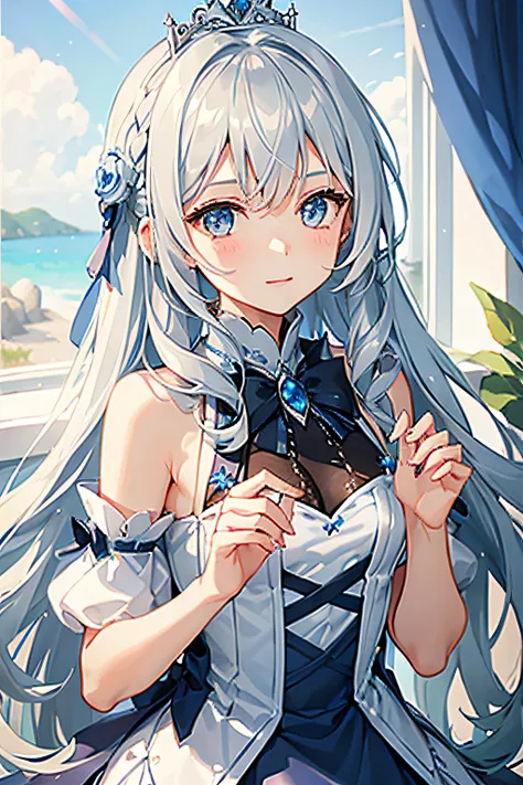 1girl, cute, long silver hair, wearing a blue princess dress, silver diadem.