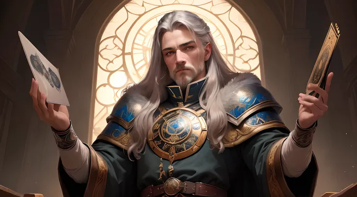 um homem velho em um manto segurando uma bola de vidro brilhante e olhando para ela, Tuomas Korpi e Wlop, Velho Archmage masculino, Adolf Wolfli e Donato Giancola, picture of a male cleric, Arte do Jogo de Cartas de Fantasia, an epic majestical degen trade...