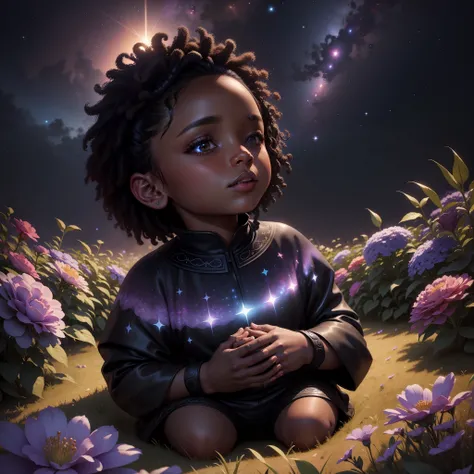 Beautiful black baby sitting in a garden of flowers, night time sky full of stars, with iridescent light, highly detailed images, vibrant beautiful colours, photorealistic image, 8k, ultra HD, unreal engine rendered, cinematic lighting, artgerm style,