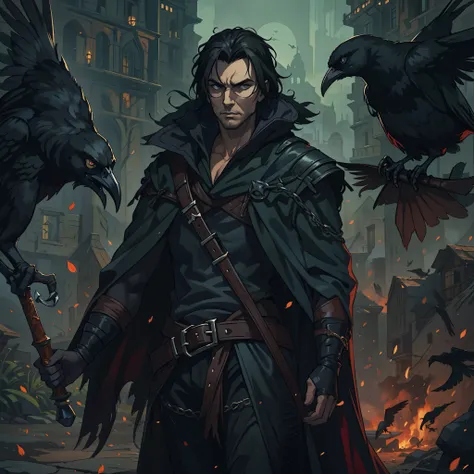 A handsome black-haired man wearing shady clothes like a murderer, he is a rogue with feathers on his clothes in the midst of the valley of dark death, he is the villain of an RPG is wearing dark medieval clothes; Use dark shades;, The image has to portray...