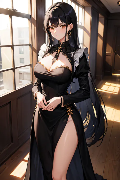 1woman, long black hair, gold eyes, large chest, wearing a maid dress. standing up in the hallway