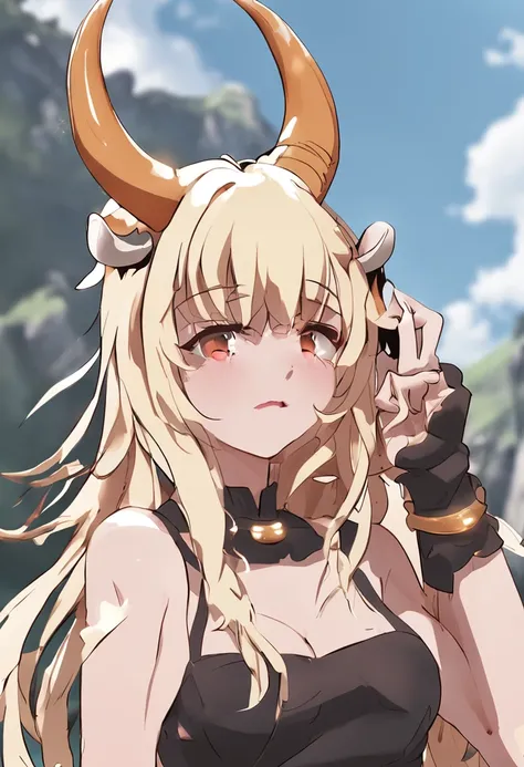 anime girl wearing cow horns, blonde hair, amber eyes, cow bikini, cowbell choker