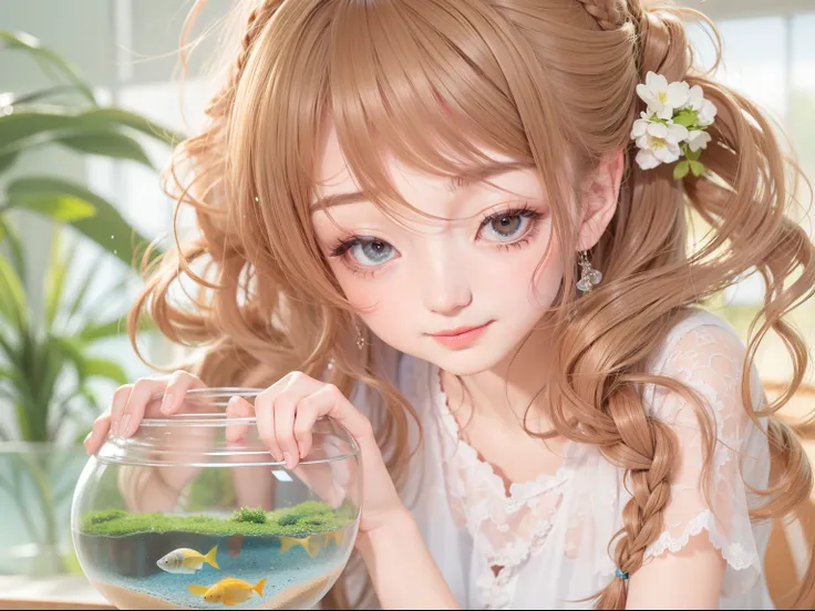 morning、Good morning greetings、Refreshing breeze、Good aroma、Room with a large aquarium、25-years old、girl with、Light brown hair、Braids、Eye Catch、Gentle smile