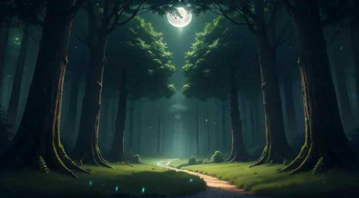 "(Best quality) (Extra High Definition) Illustration of a dark fantasy forest with green lighting under the night moon, depicting the enchanting nature in a lush green forest, illuminated by soft lighting, capturing the essence of the forest soul in mesmer...