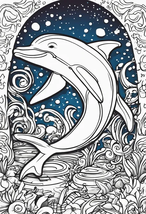 Create a cute dolphin from the front underwater cartoon style, centered, well detailed, no background, coloring line art, drawings for kids, cool coloring pages, coloring book art, coloring page style vector lines , 8k, --ar 9:16