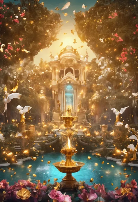 Um jardim celestial de riqueza e prosperidade, with gold fountains gushing crystal clear water, trees laden with golden fruits and glittering flowers, Smiling winged angels blessing those who pass by with gold coins and pearls, criando uma atmosfera de gen...