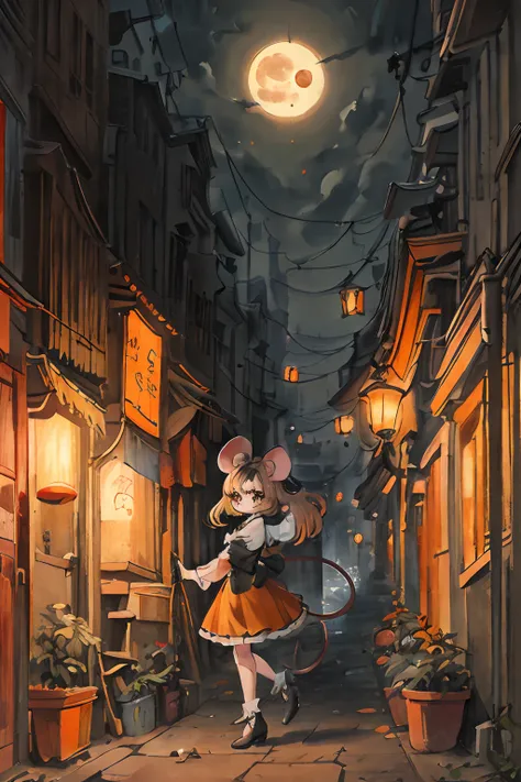 mouse ,orange,cute,big eyes,masterpiece,full moon,alley