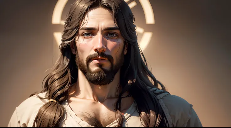 Use artificial intelligence to generate a high-resolution representation of Jesus Christ. Por favor, Create an image that is rich in detail and that captures the essence of the historical figure, with attention to characteristic traits such as long hair an...