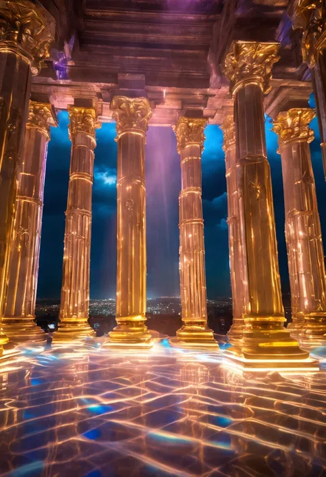 An angelic temple of abundance, built with pillars of bright light and precious crystals, within which the angels sing songs of fortune and success, while beams of golden light illuminate the area, preenchendo o ambiente com uma energia positiva e encoraja...