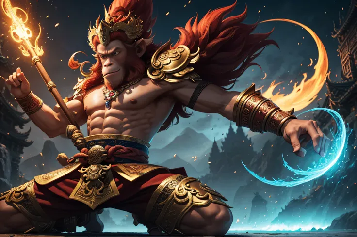 "The Monkey King Wukong, a legendary character in Chinese mythology, portrayed in an epic and visually stunning masterpiece. Capture his fierce and mischievous nature, emphasizing his iconic golden staff and mystical abilities. Set in a vibrant and fantast...