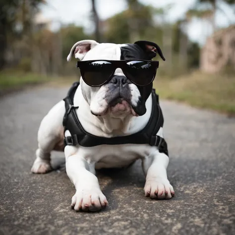 "masterpiece, black-coated American Bully with white color accents, channeling the Matrix style, sporting sunglasses, captured from a dynamic angle, delivering the best quality in stunning 4K resolution."