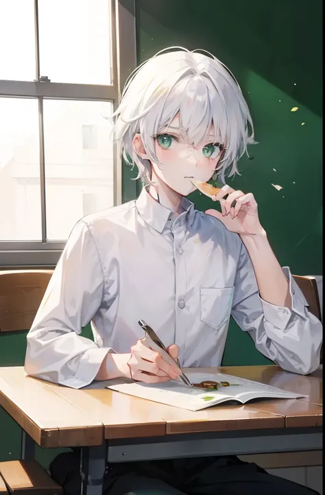 a boy with white hair and green eyes sitting at a table eating a toast, during class