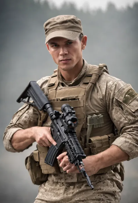 Create a prompt for an image: a muscular soldier with visibly prominent muscles and a rifle in hand, in various scenes and poses. He is wearing camouflaged military attire, in training military environments and war settings. The soldier has a fierce expres...