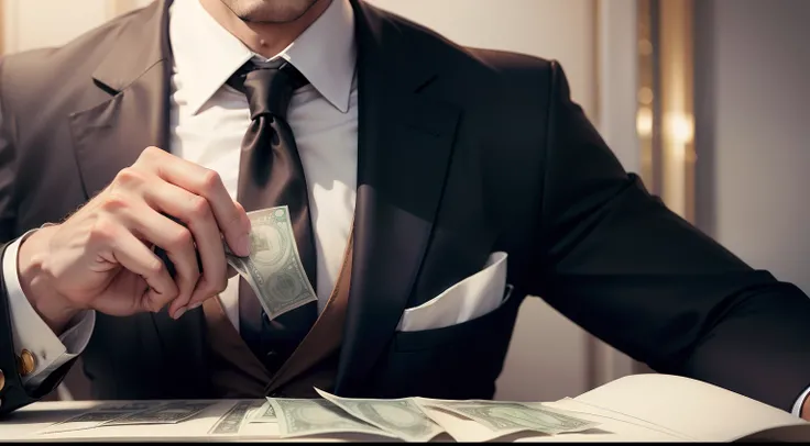 man in rich suit counting money, luxury, realistic