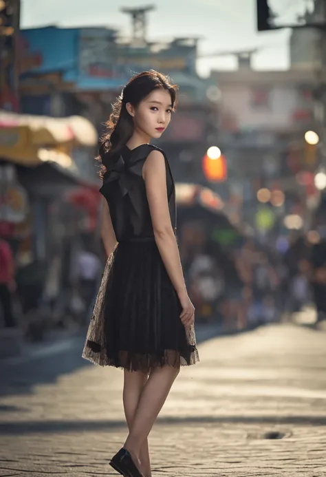 best quality ,masterpiece,ultra high res,(photo realistic:1.4), 1 girl, face the front, Wearing casual black dress, jananese famous actress, very beautiful,kawaii, Cinematic, 35mm lens, f/ 1. 8, accent lighting,at street of TOKYO ,noon,Highly Detailed Face...