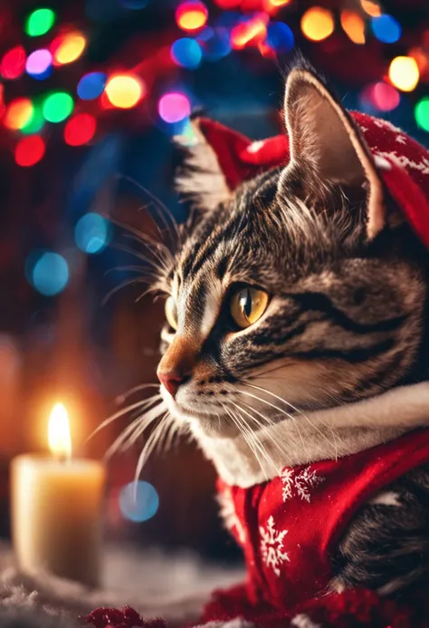 Masterpiece, cute christmas cat wearing traditional christmas clothes in cozy christmas town, skimpy, colorful, high contrast, intricate background, highly detailed skin, 8k, uhd,