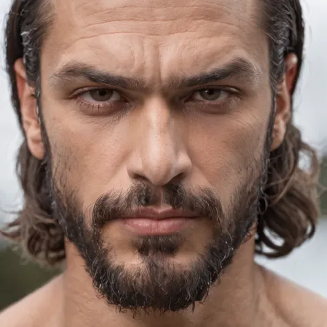 Homem arrogante de cabelos compridos , masculino e robusto, masculino sexy, sem camisa, Jason Momoa, masculino e bonito, strong masculine traits,, Christian Cline, mid-shot de um macho bonito, he is a rockstar, rasgado, o extremamente quente e sexy, macho ...