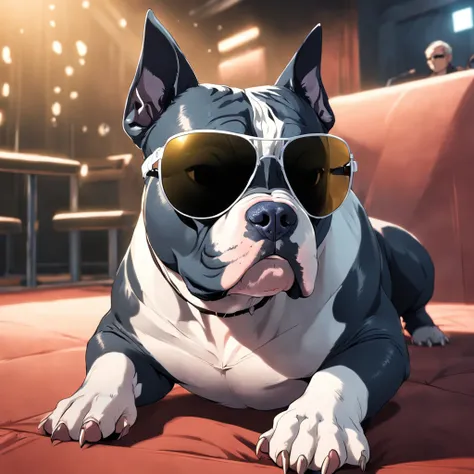 "masterpiece, black-coated American Bully with white color accents, channeling the Matrix style, sporting sunglasses, captured from a dynamic angle, delivering the best quality in stunning 4K resolution."