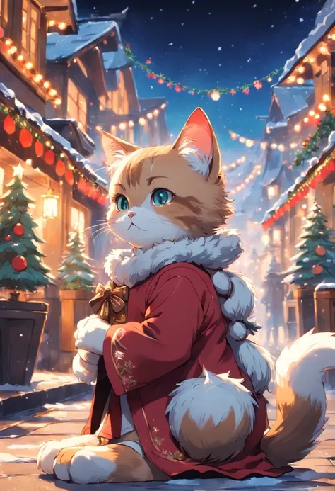 Masterpiece, cute christmas cat wearing traditional christmas clothes in cozy christmas town, skimpy, colorful, high contrast, intricate background, highly detailed skin, 8k, uhd,