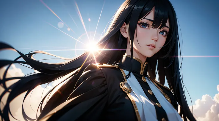 Transcendent beautiful girl with long black hair dressed as a man in male uniform、Highly detailed background，Realistic，ultra-detailliert，super detailed skin，light glow，Film grain，Expro II，Lens Flare，Sharpen，cinematic shadow, Highly detailed background，Real...